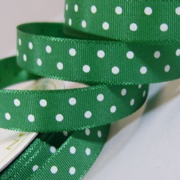 Satin Ribbon 10mm-Bottle Green with White Dots
