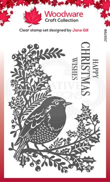 Woodware Clear Stamp - Lino Cut - Robin and Holly