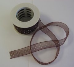 Organza Ribbon 15mm- Brown  with Ivory Dots