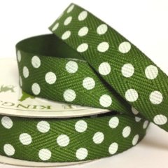 Twill Tape Ribbon 15mm - Moss with White dots